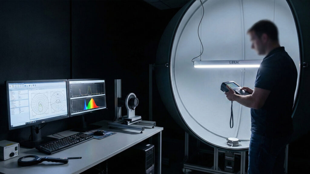 Laboratório luminotécnico LEUK a validar fluxo luminoso, CCT e CRI com alta precisão
